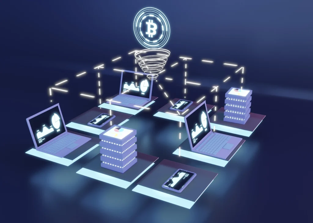 Rappresentazione grafica di un sistema decentralizzato di transazioni digitali che utilizza la tecnologia Blockchain e-commerce per connettere dispositivi e server in una rete sicura e trasparente.