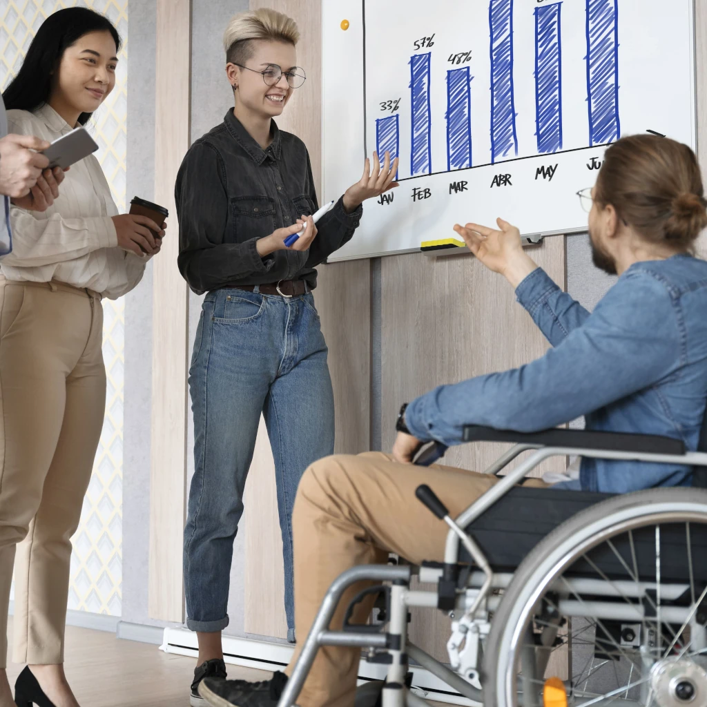 Un team di lavoro inclusivo, con un professionista in sedia a rotelle, discute di strategie e risultati di accessibilità e-commerce davanti a un grafico.
