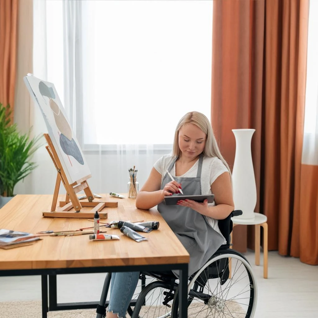Un'artista su sedia a rotelle utilizza un tablet per navigare su una piattaforma di accessibilità e-commerce mentre lavora nel suo studio creativo.